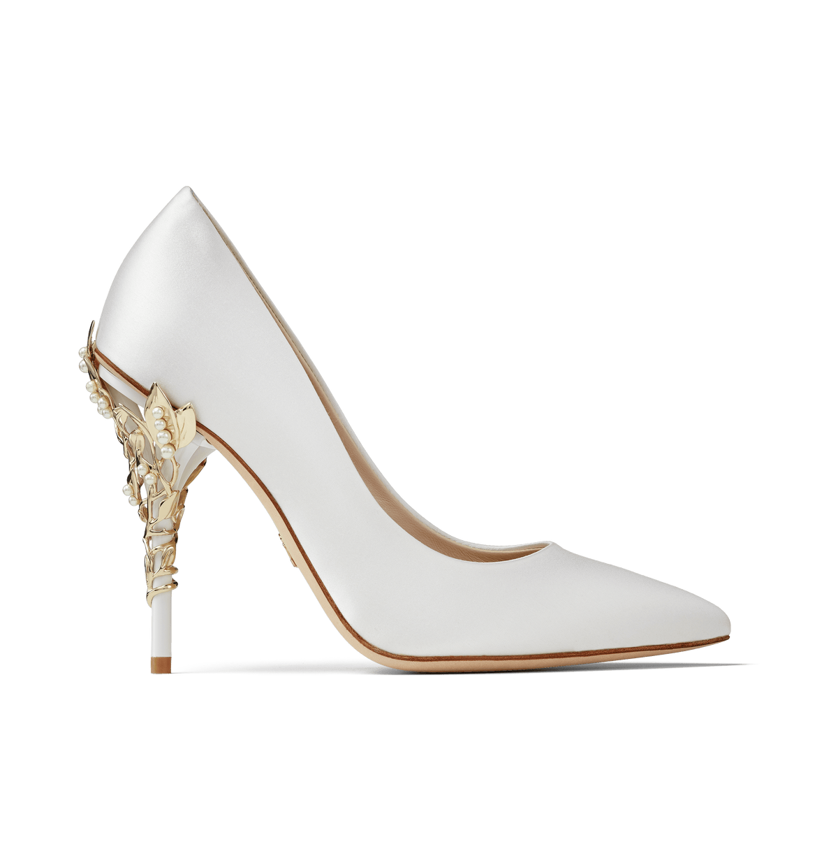 White Satin Eden Heels with Pearls and Gold Leaves